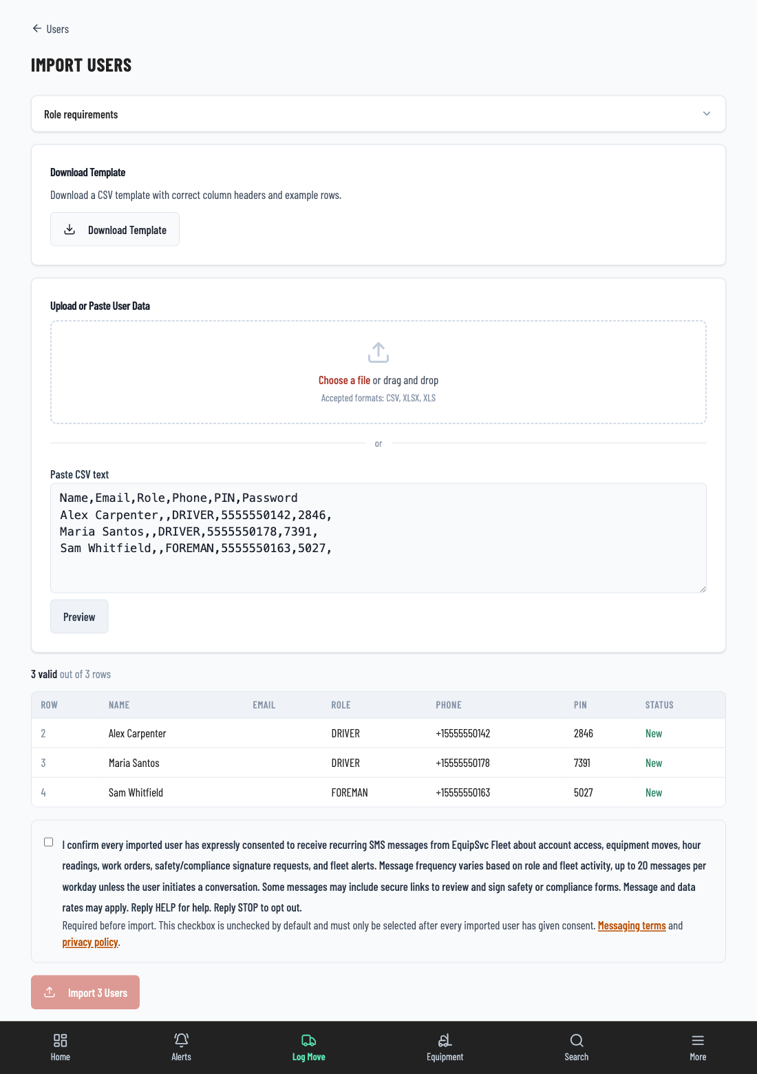 EquipSvc Fleet Import Users flow showing a pasted CSV, a three-row import preview table, the required SMS consent checkbox unchecked by default, and a disabled Import 3 Users button